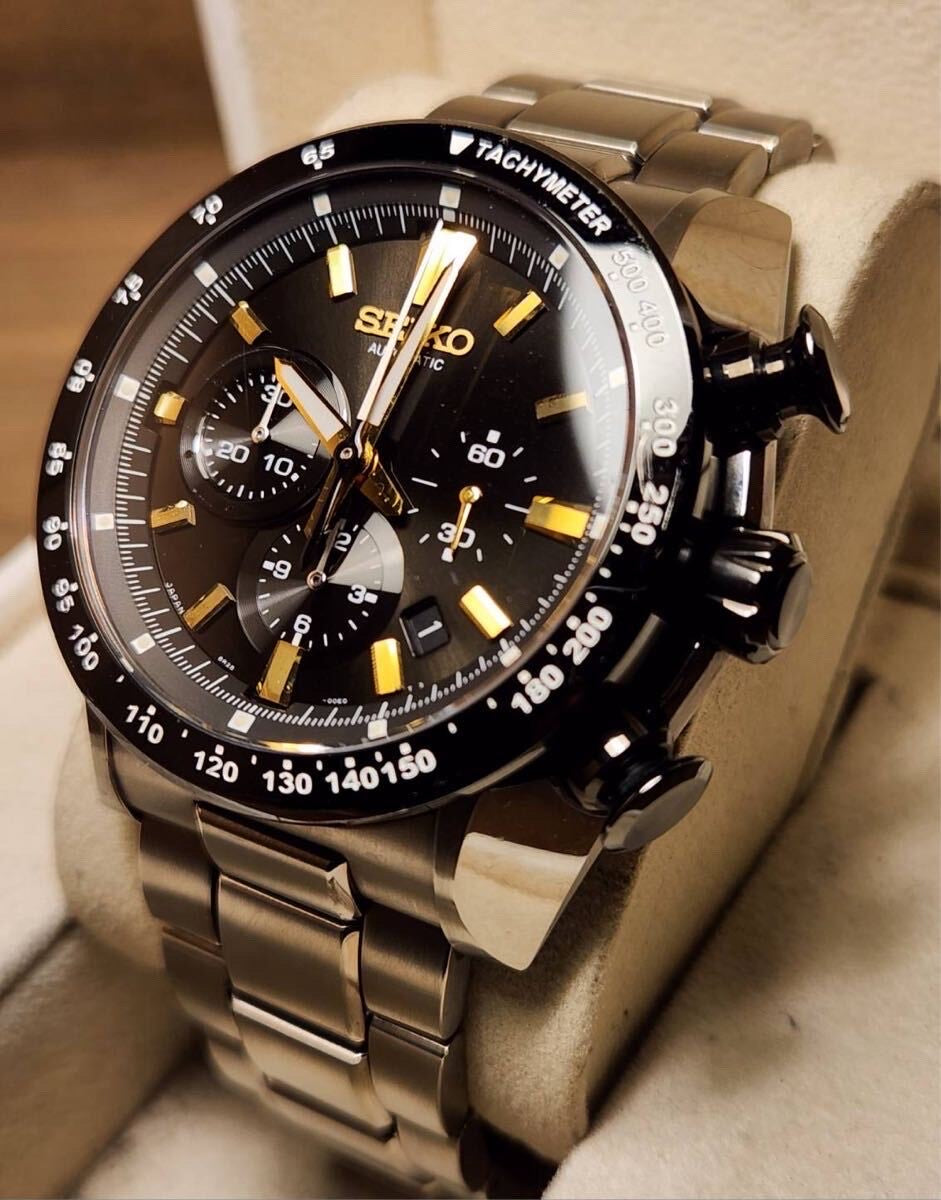 Seiko Automatic Chronograph - Black Dial with Gold Accents, Stainless Steel Bracelet