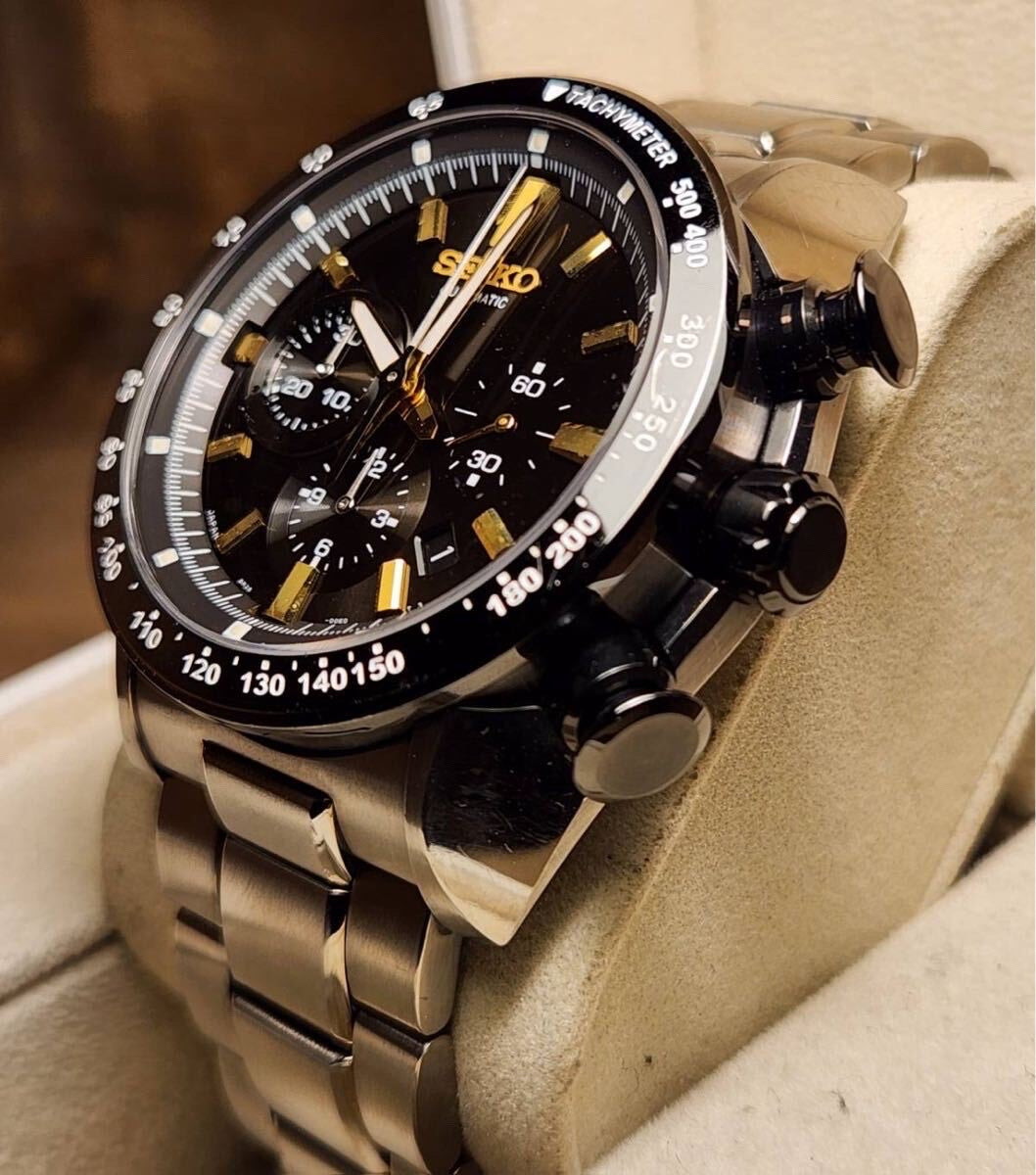 Seiko Automatic Chronograph - Black Dial with Gold Accents, Stainless Steel Bracelet