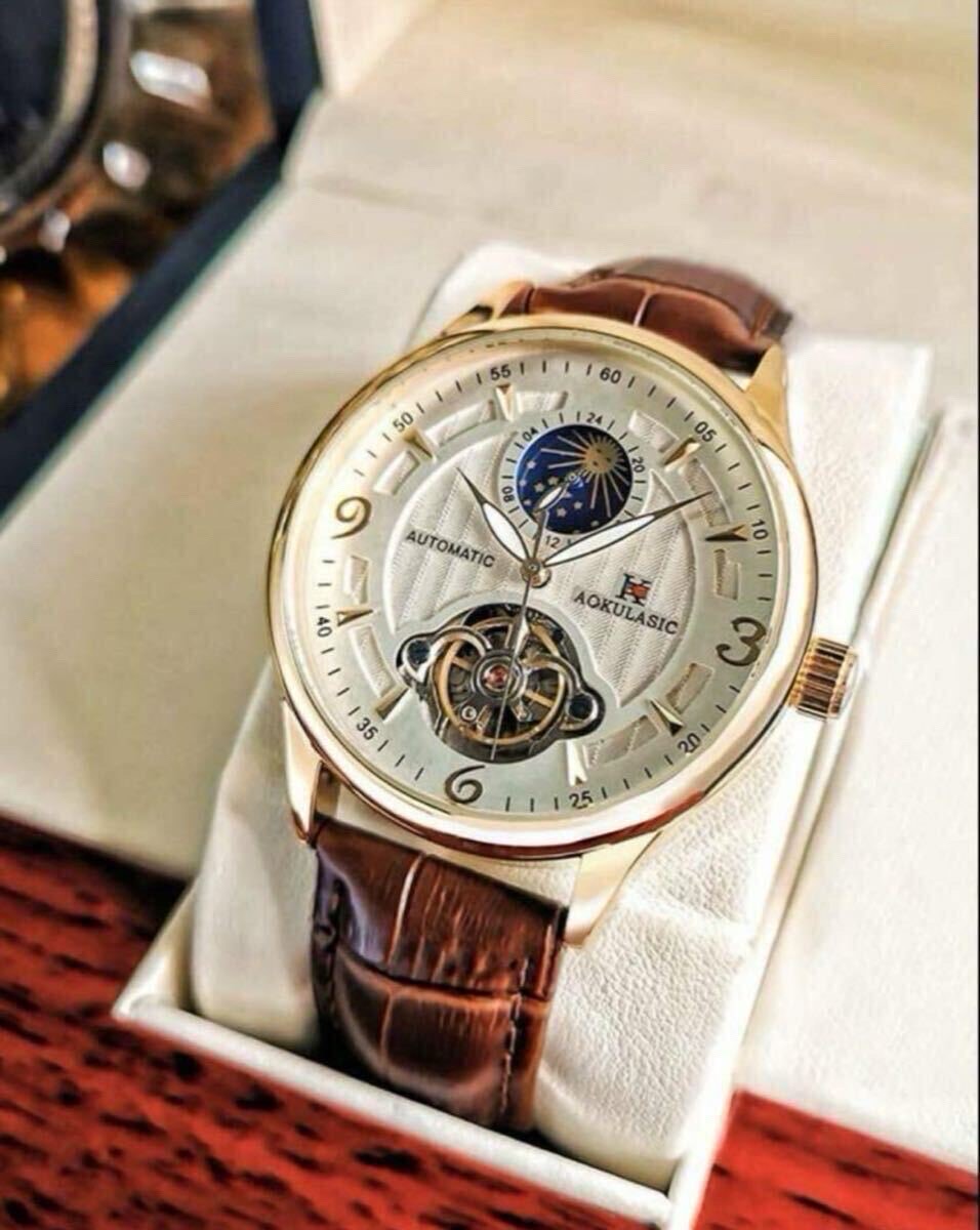 Aokulasic Gold Tourbillon Moonphase Automatic White Dial, Brown Croc Strap