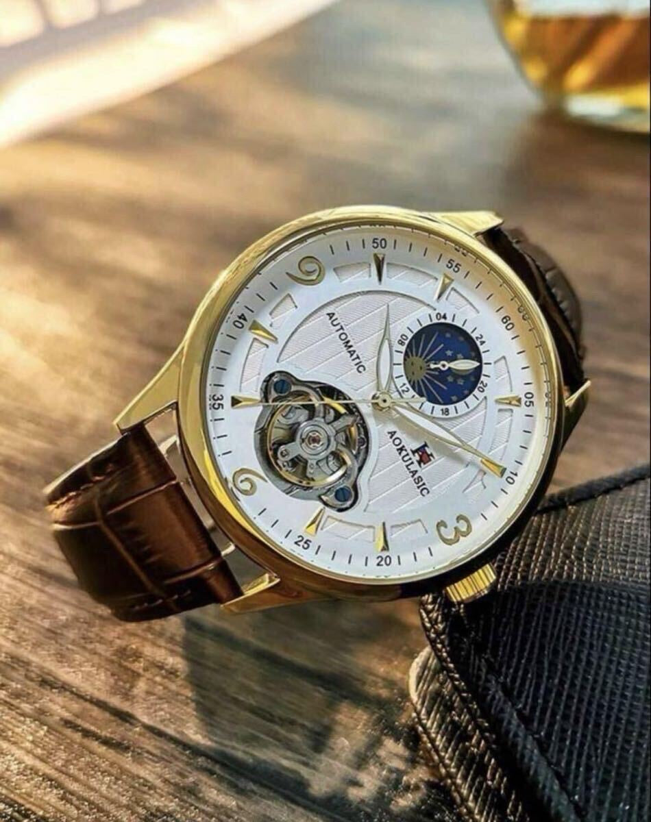 Aokulasic Gold Tourbillon Moonphase Automatic White Dial, Brown Croc Strap