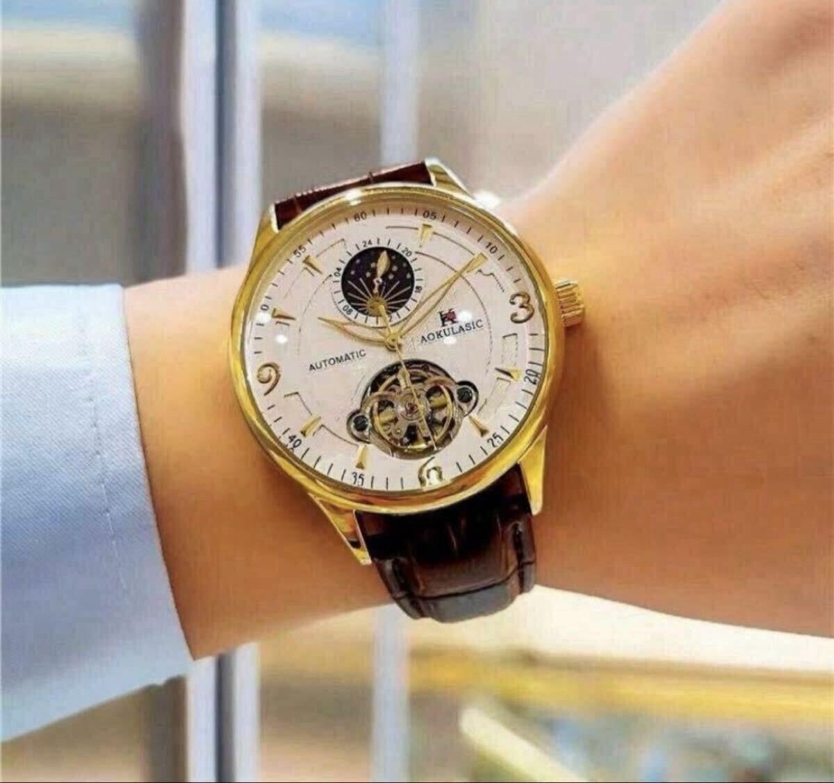 Aokulasic Gold Tourbillon Moonphase Automatic White Dial, Brown Croc Strap