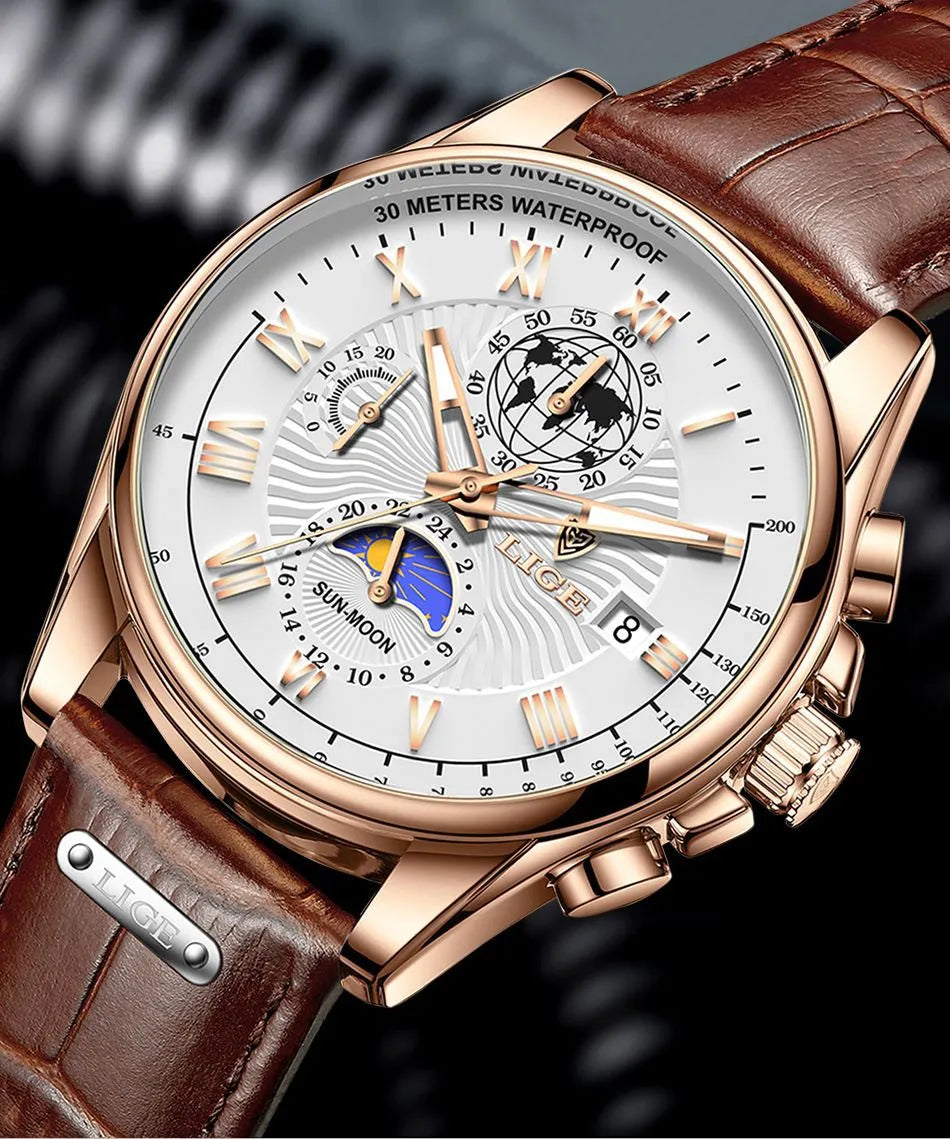 Men's Waterproof Luminous Chronograph Watch With Moon Phase & Leather Strap - Elegant Quartz Timepiece For Business & Casual Wear