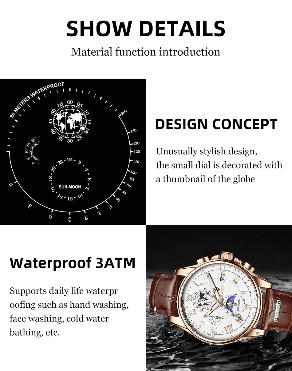 Men's Waterproof Luminous Chronograph Watch With Moon Phase & Leather Strap - Elegant Quartz Timepiece For Business & Casual Wear