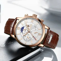 Men's Waterproof Luminous Chronograph Watch With Moon Phase & Leather Strap - Elegant Quartz Timepiece For Business & Casual Wear