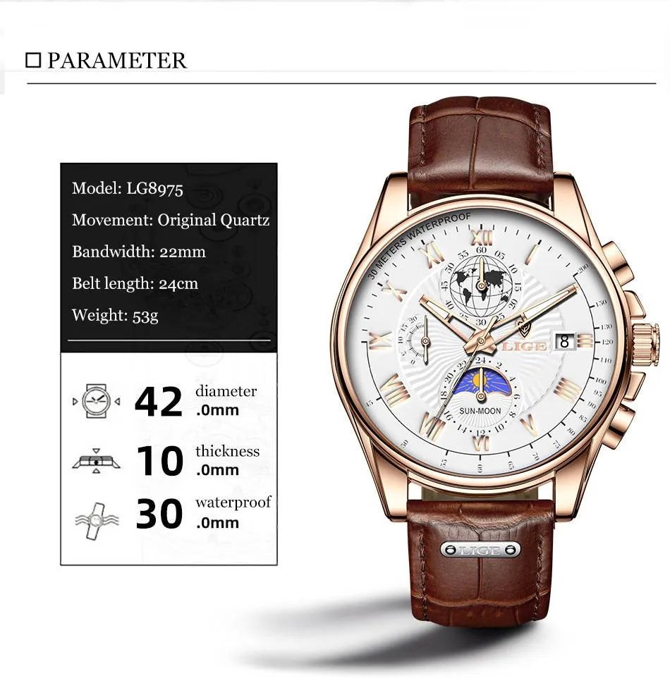 Men's Waterproof Luminous Chronograph Watch With Moon Phase & Leather Strap - Elegant Quartz Timepiece For Business & Casual Wear