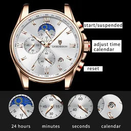 Men's Waterproof Luminous Chronograph Watch With Moon Phase & Leather Strap - Elegant Quartz Timepiece For Business & Casual Wear