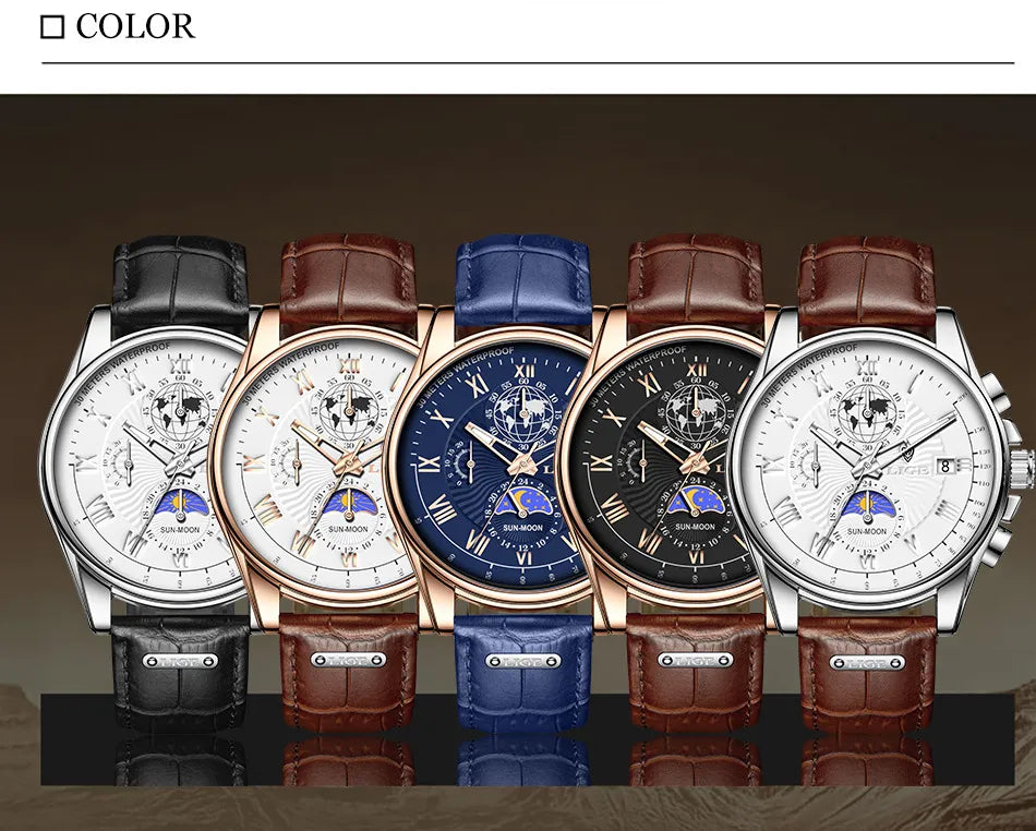 Men's Waterproof Luminous Chronograph Watch With Moon Phase & Leather Strap - Elegant Quartz Timepiece For Business & Casual Wear