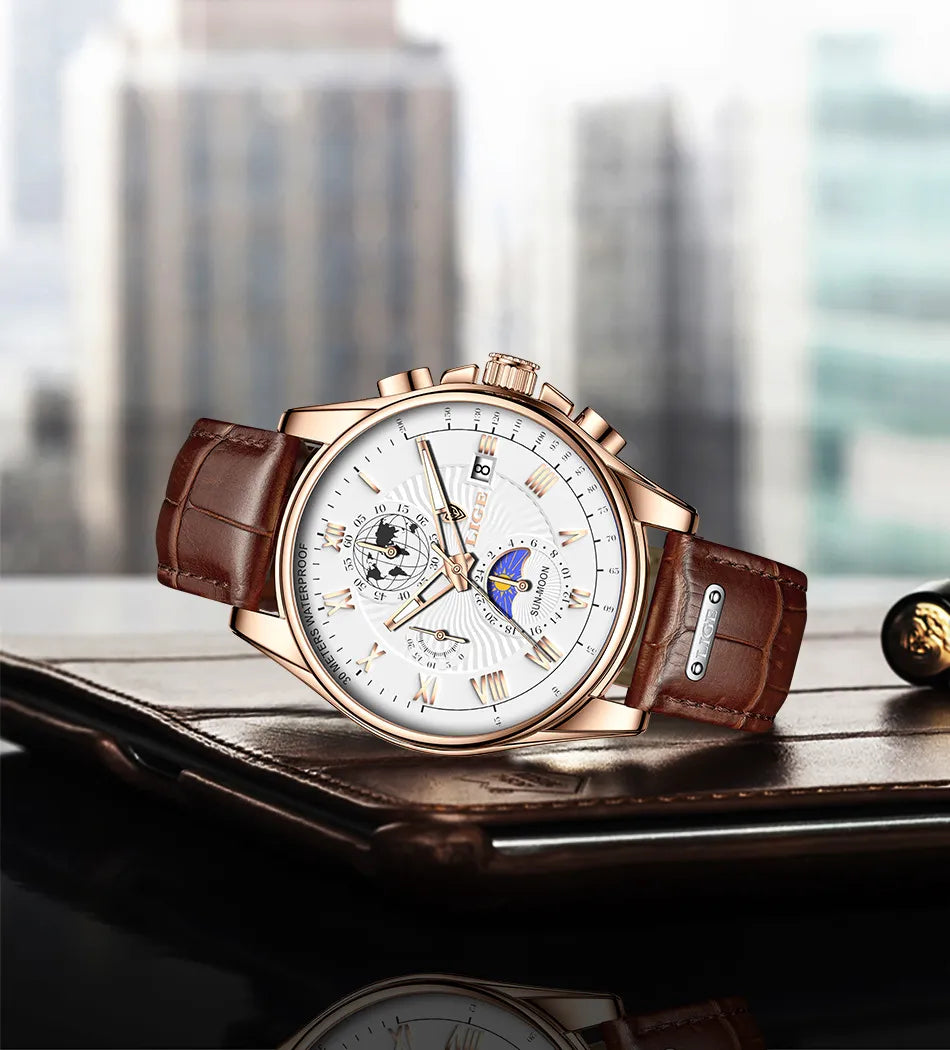 Men's Waterproof Luminous Chronograph Watch With Moon Phase & Leather Strap - Elegant Quartz Timepiece For Business & Casual Wear