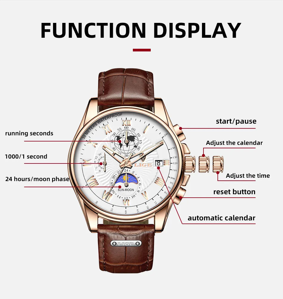Men's Waterproof Luminous Chronograph Watch With Moon Phase & Leather Strap - Elegant Quartz Timepiece For Business & Casual Wear