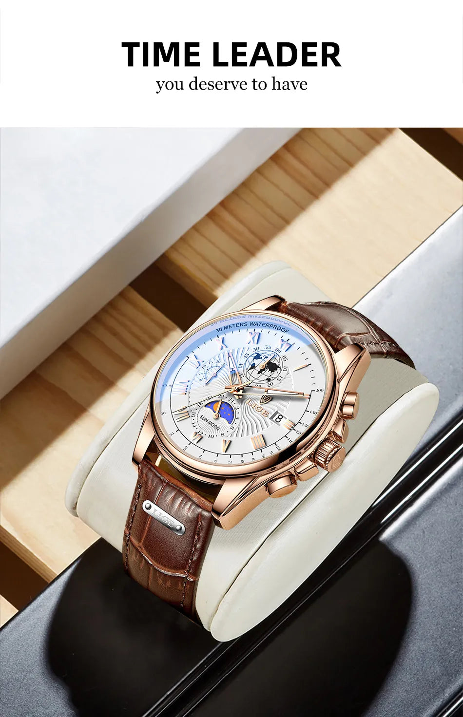 Men's Waterproof Luminous Chronograph Watch With Moon Phase & Leather Strap - Elegant Quartz Timepiece For Business & Casual Wear