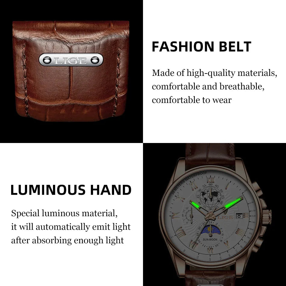 Men's Waterproof Luminous Chronograph Watch With Moon Phase & Leather Strap - Elegant Quartz Timepiece For Business & Casual Wear