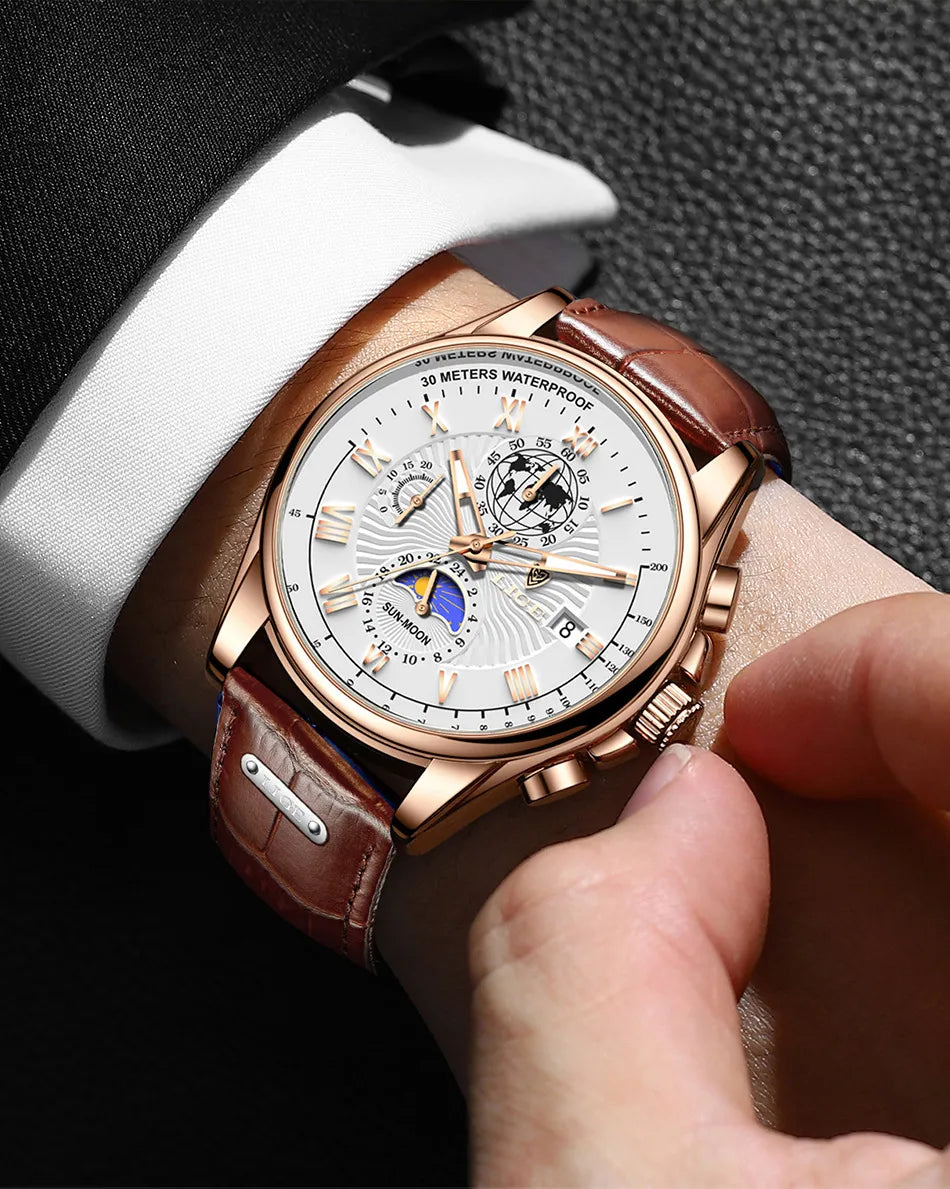 Men's Waterproof Luminous Chronograph Watch With Moon Phase & Leather Strap - Elegant Quartz Timepiece For Business & Casual Wear