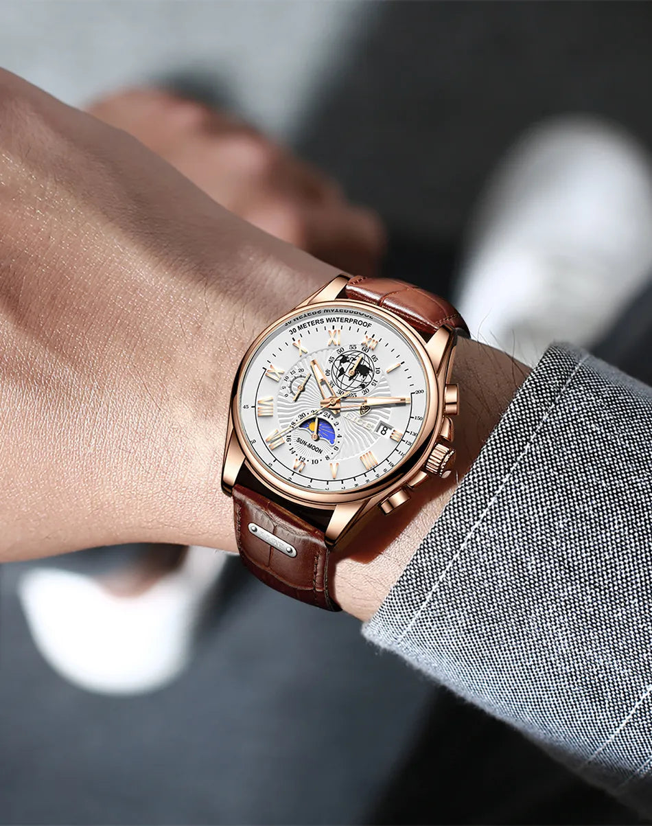 Men's Waterproof Luminous Chronograph Watch With Moon Phase & Leather Strap - Elegant Quartz Timepiece For Business & Casual Wear