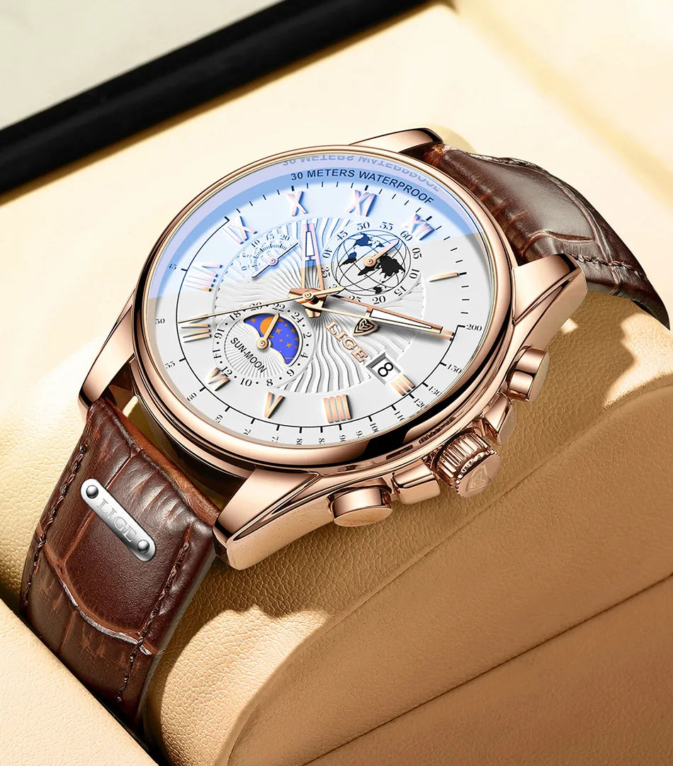 Men's Waterproof Luminous Chronograph Watch With Moon Phase & Leather Strap - Elegant Quartz Timepiece For Business & Casual Wear