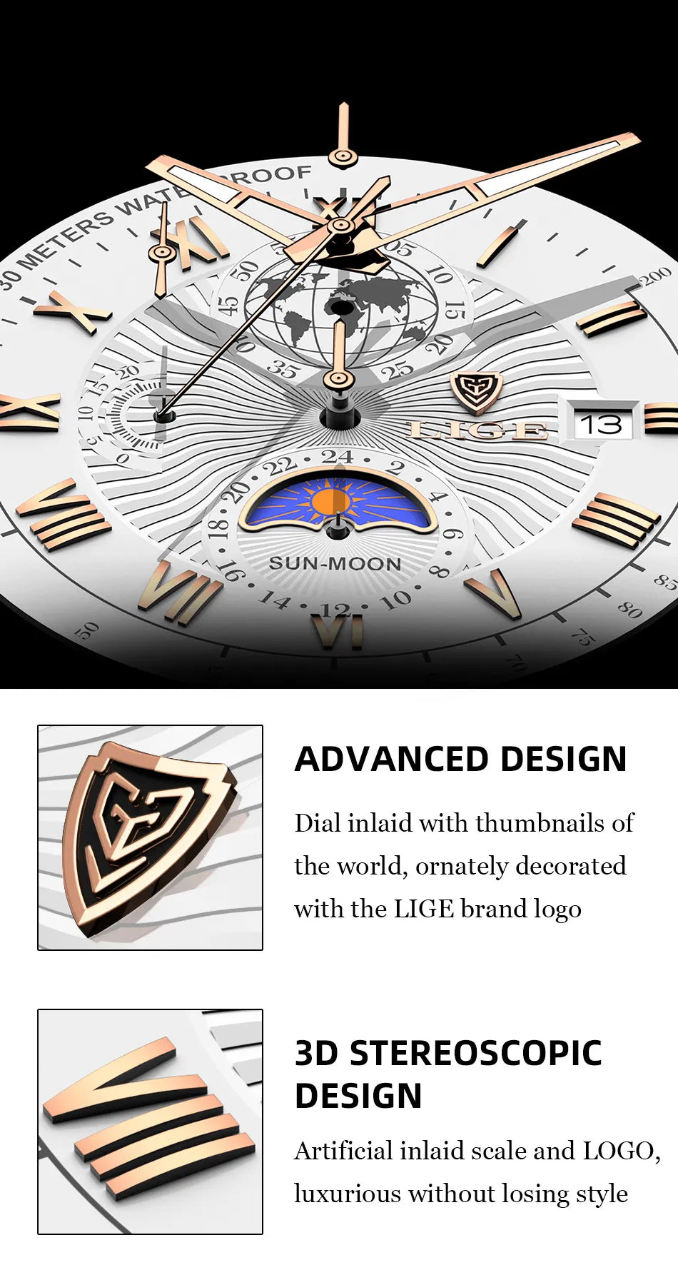 Men's Waterproof Luminous Chronograph Watch With Moon Phase & Leather Strap - Elegant Quartz Timepiece For Business & Casual Wear